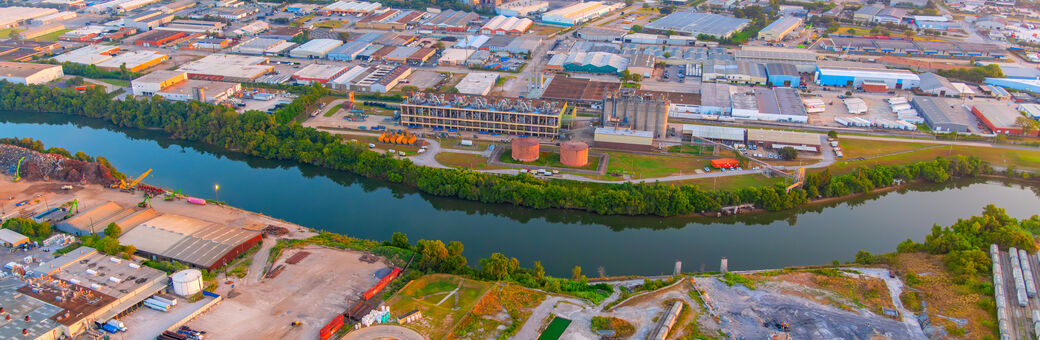 An overhead view of the Galveston, Texas cityscape.