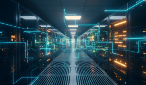 A futuristic data center corridor with illuminated server racks and glowing blue and orange digital lines