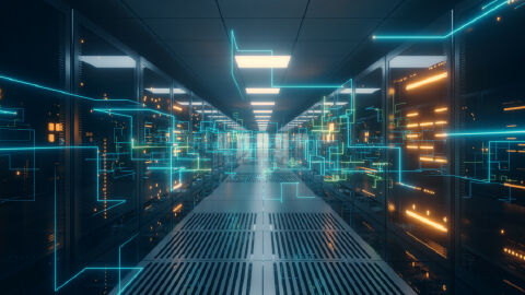 A futuristic data center corridor with illuminated server racks and glowing blue and orange digital lines
