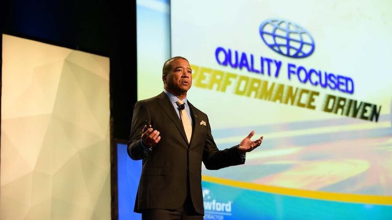 Larry Thomas, global president of Crawford Specialty Solutions and Contractor Connection, presents at the 2018 Contractor Connection Conference & Expo