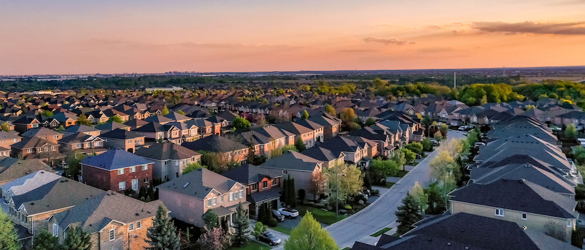 Aerial view of Canadian neighborhood at sunset