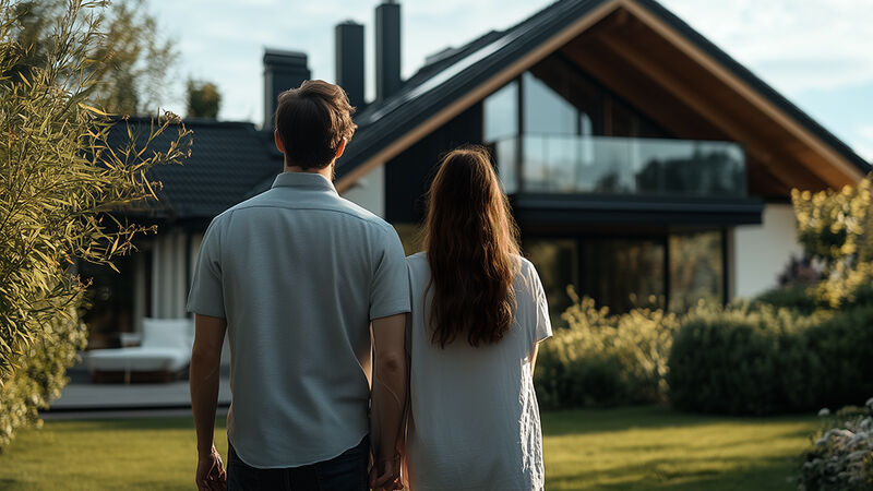 Couple standing and facing their home