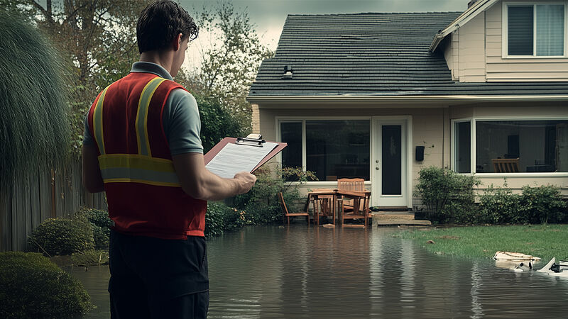 Emergency adjuster assessing damage at a flooded home
