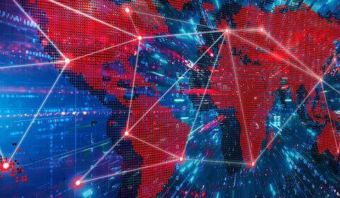 A digital world map with red regions and interconnected lines on a blue background, illustrating a network or data flow