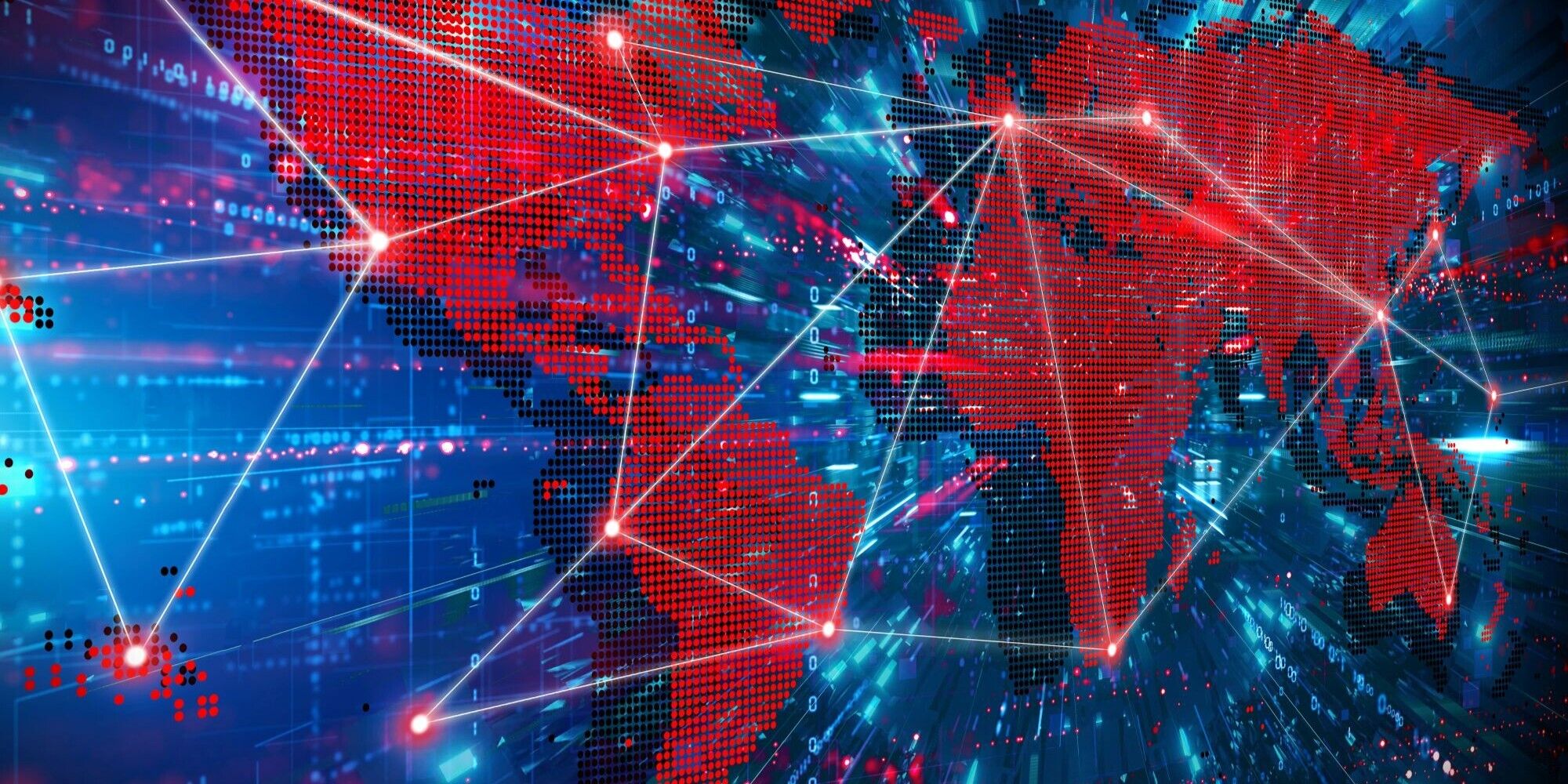A digital world map with red regions and interconnected lines on a blue background, illustrating a network or data flow
