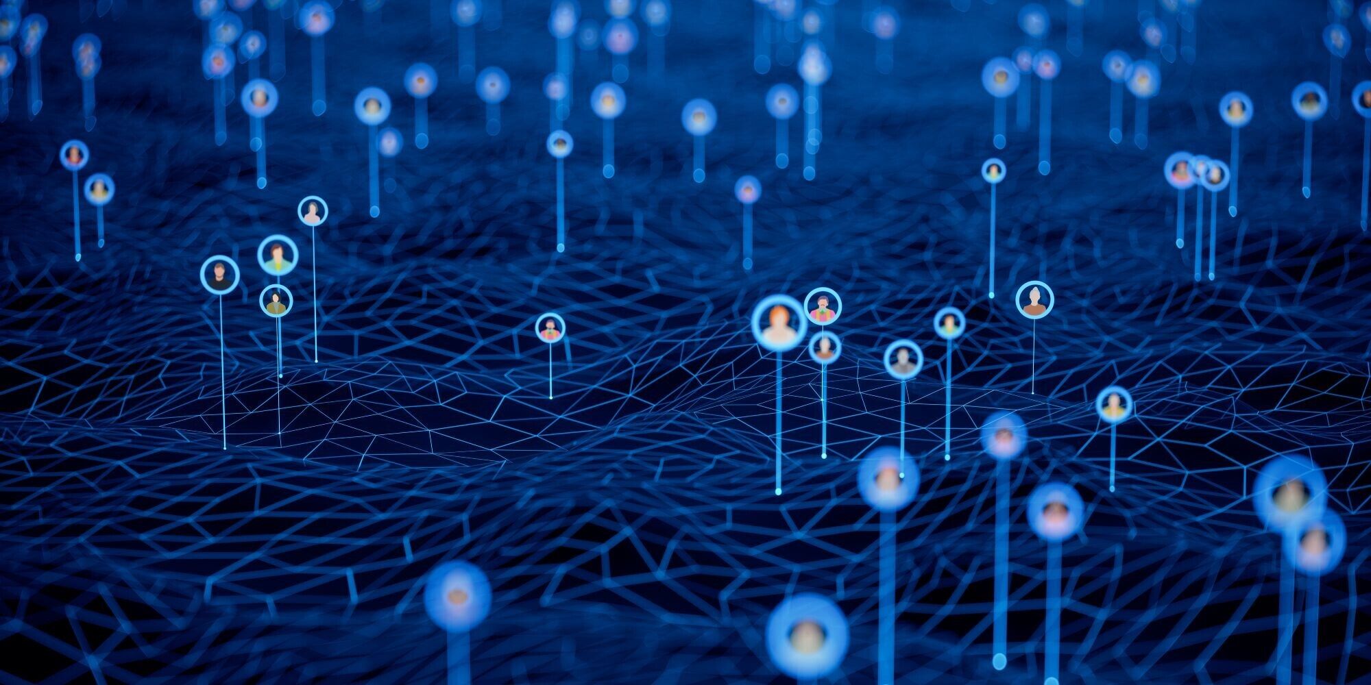 A digital landscape with a network of interconnected nodes, each displaying circular icons of diverse individuals against a blue background