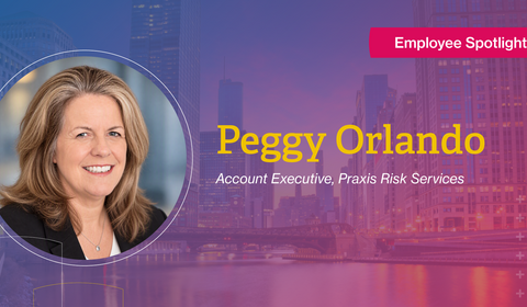 Image of Peggy Orlando smiling, with a round frame, alongside text highlighting her name and role as Account Executive at Praxis Risk Services