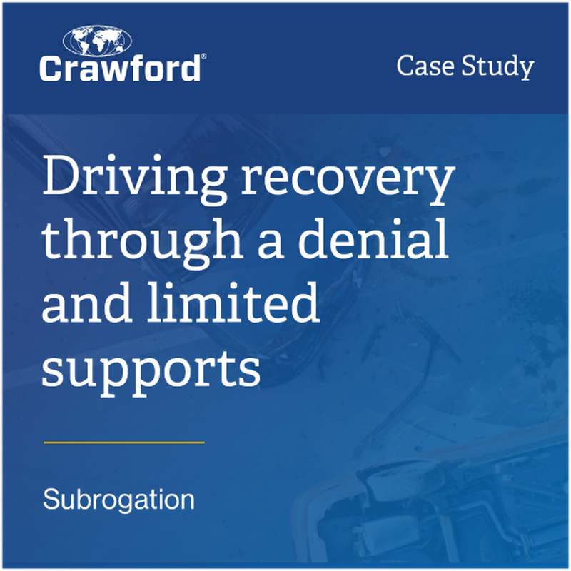 Crawford case study cover titled "Driving recovery through a denial and limited supports" with a subheading "Subrogation