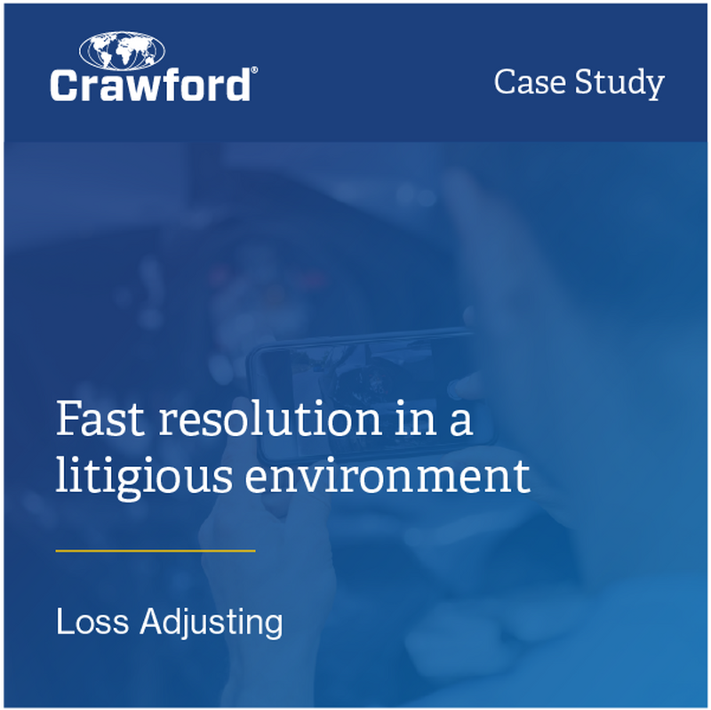 A blurred image of a person holding a tablet, with text overlay about a case study on fast resolution in a litigious environment