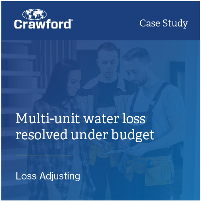 Crawford case study cover showcasing a multi-unit water loss resolution; includes images of three individuals discussing a project