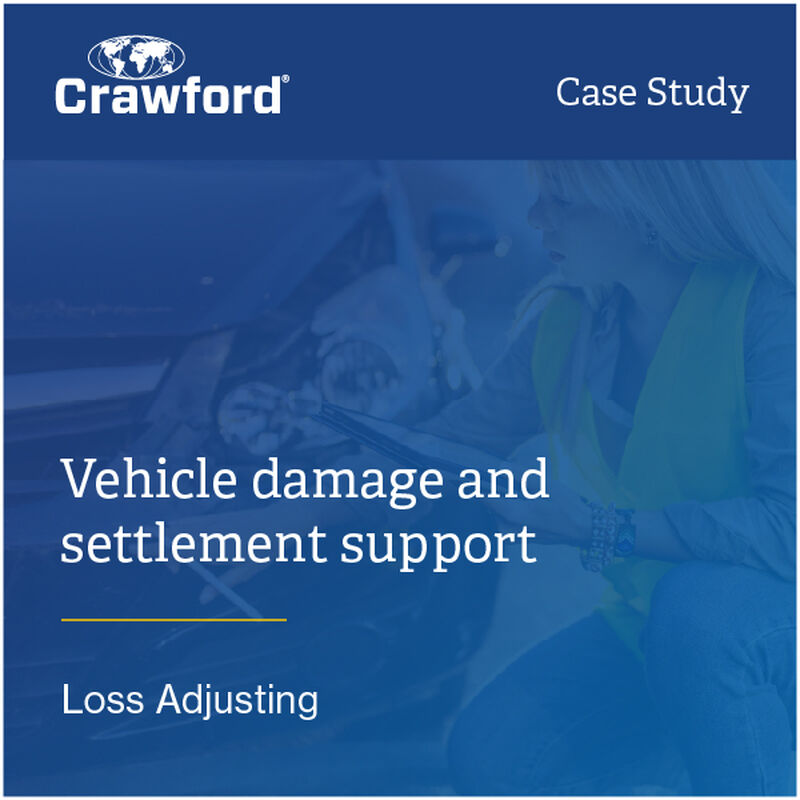 A person examines a damaged vehicle, highlighting vehicle damage and settlement support in a case study by Crawford