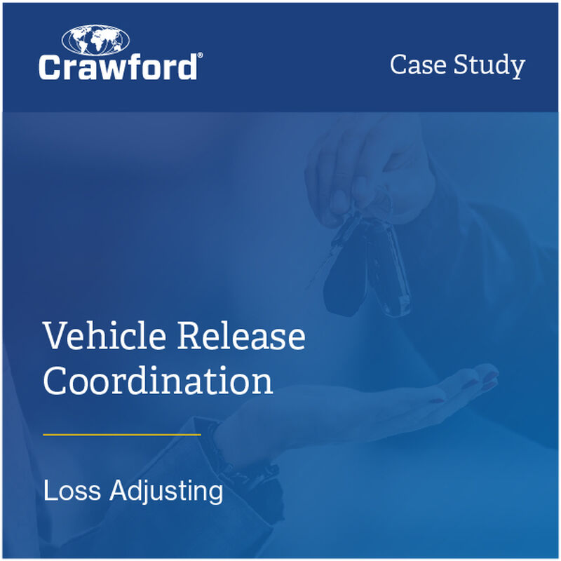 Crawford case study cover featuring hands holding car keys with text about vehicle release coordination and loss adjusting