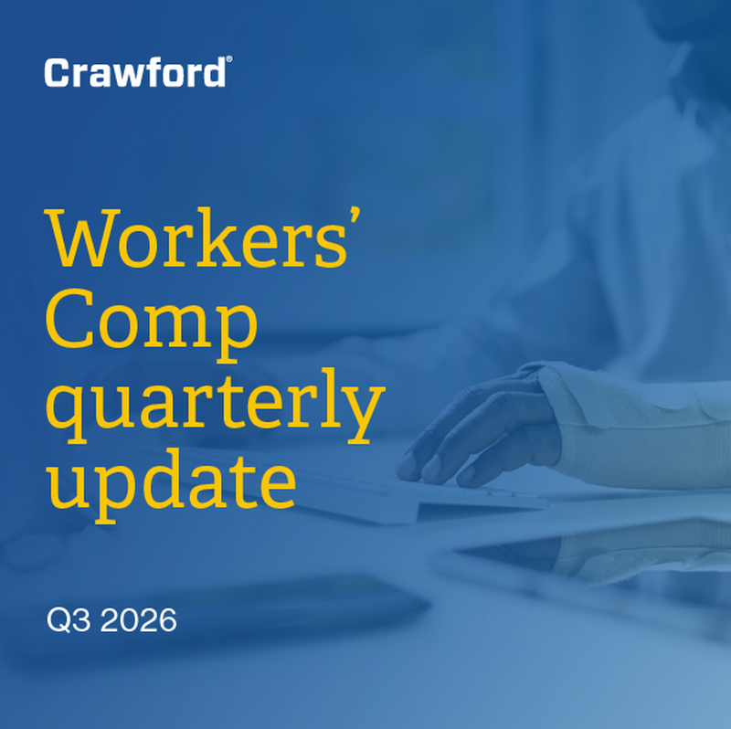 Workers' Compensation quarterly update for Q3 2026, featuring the Crawford logo and a partially visible person working on a keyboard