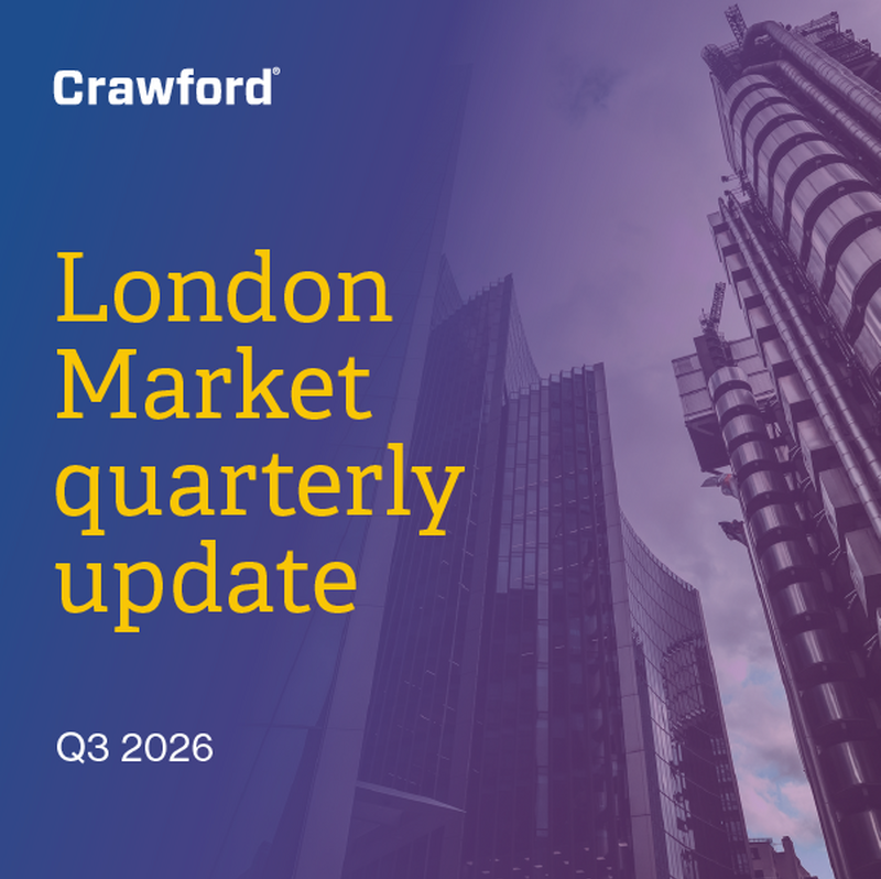 A graphic featuring buildings in London, with text stating "London Market quarterly update Q3 2026" and the Crawford logo