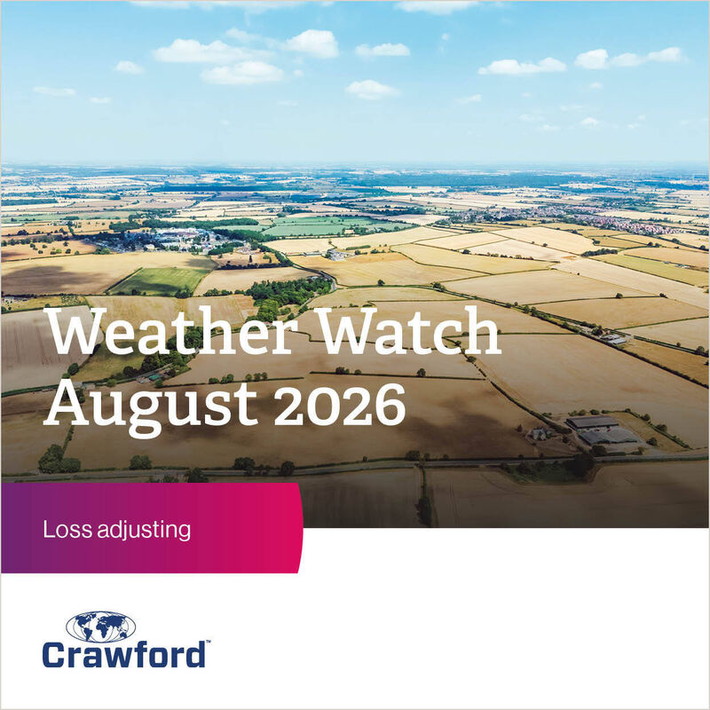 Aerial view of agricultural fields under a clear sky with text overlay "Weather Watch August 2026" and "Loss adjusting" at the bottom