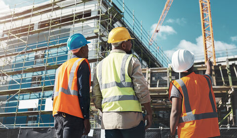 Construction workers in safety vests and hard hats reviewing a building site with scaffolding and cranes in the background.