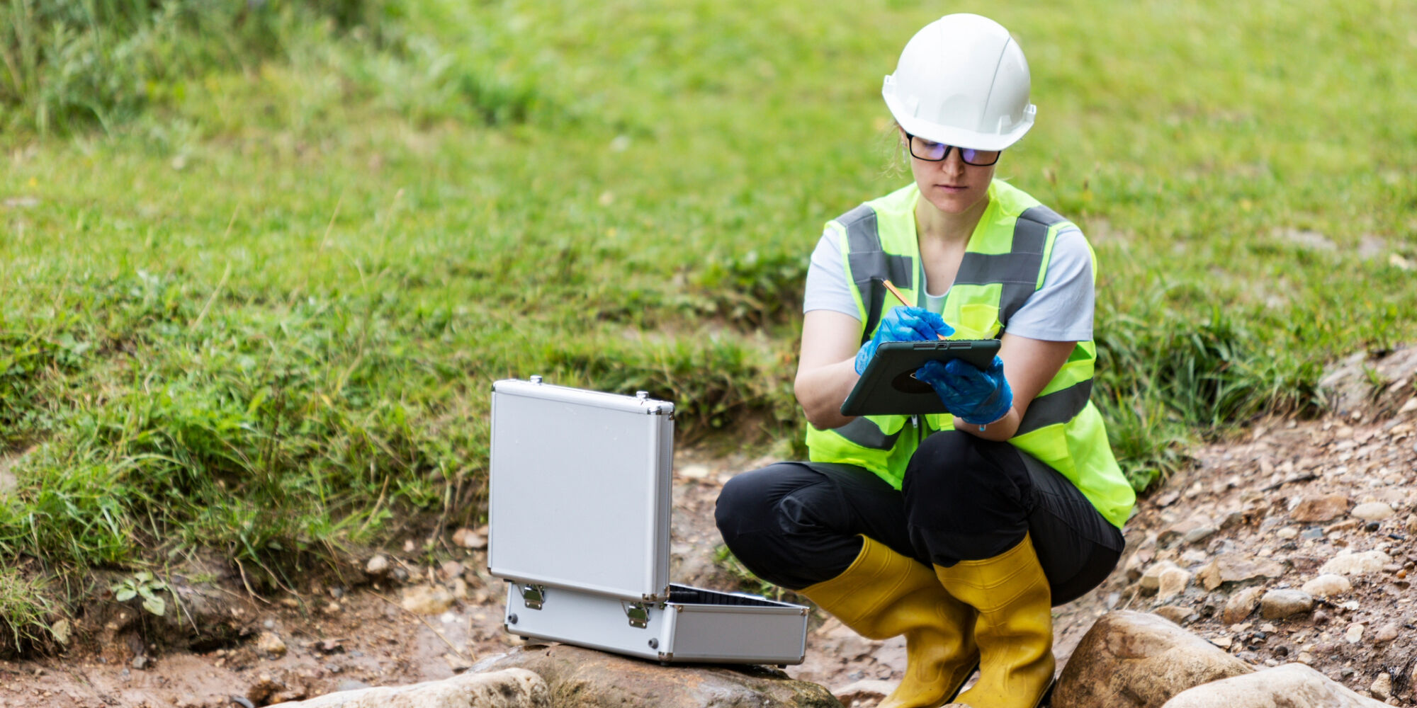 Environmental field inspector wearing safety gear uses a tablet beside monitoring equipment near a small stream.