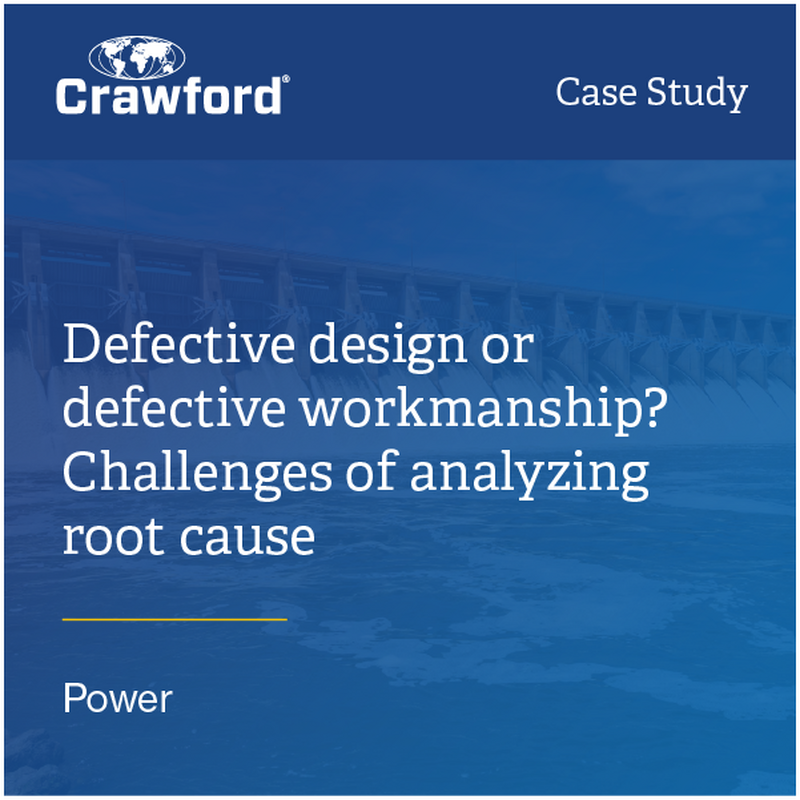 Crawford case study cover featuring a blue gradient, text about analyzing root causes of defective design or workmanship in power