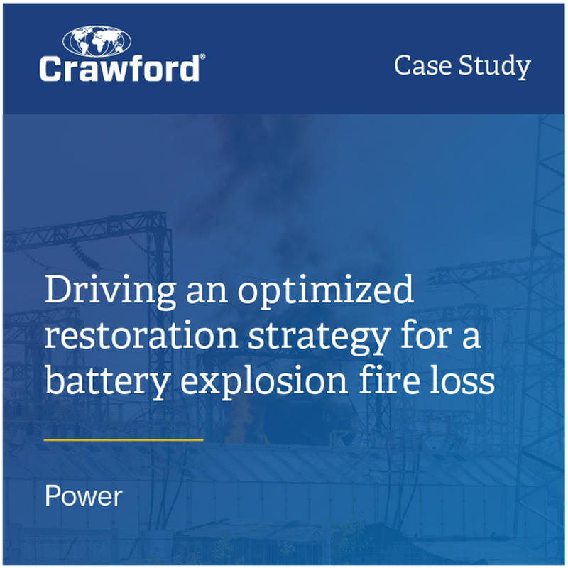 A case study cover featuring the title "Driving an optimized restoration strategy for a battery explosion fire loss" by Crawford