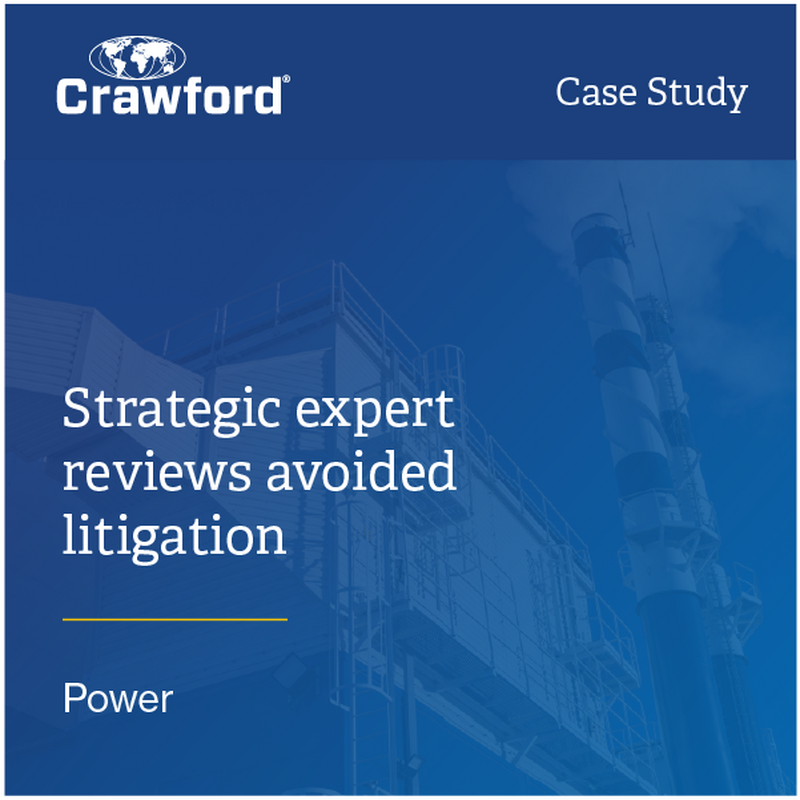 Crawford case study cover featuring a power facility background, highlighting strategic expert reviews that avoided litigation