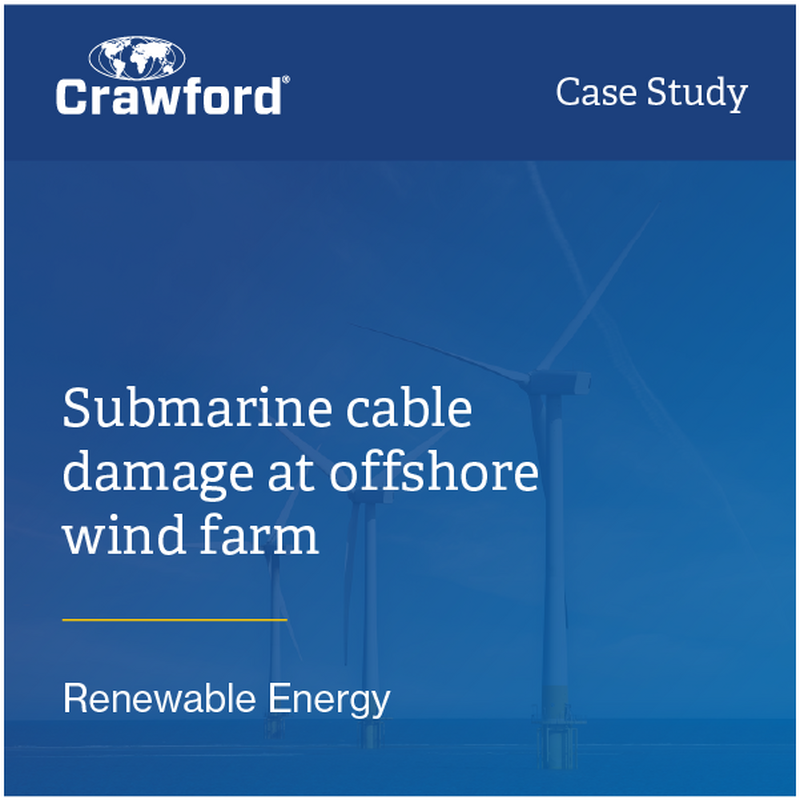 Submarine cable damage at an offshore wind farm with wind turbines in the background, highlighted in a case study format