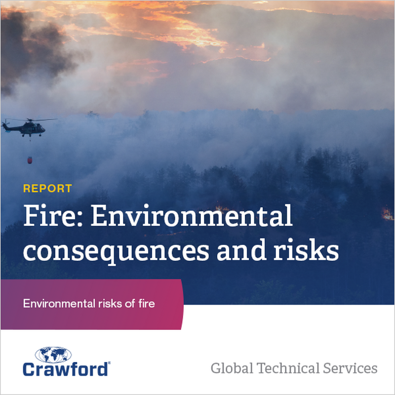 Cover of a report titled "Fire: Environmental consequences and risks," featuring a helicopter and smoky forest background
