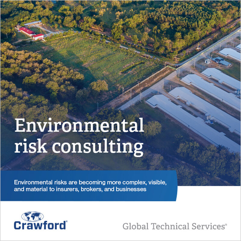 Environmental risk consulting services promoted by Crawford, featuring text over a landscape and industrial buildings
