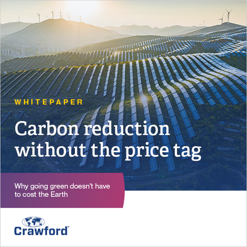 A scenic view of solar panels on a hillside with mountains in the background, promoting a whitepaper on carbon reduction
