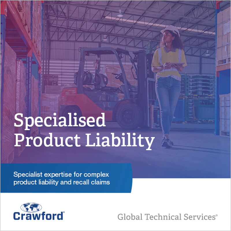 A warehouse setting featuring a person looking at a tablet while a forklift is in the background. Text emphasizes specialized product liability services
