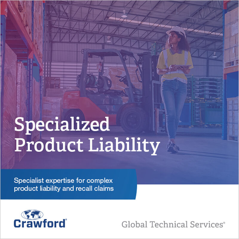 A warehouse setting with a person in a blue shirt looking at a forklift, alongside a message about specialized product liability services