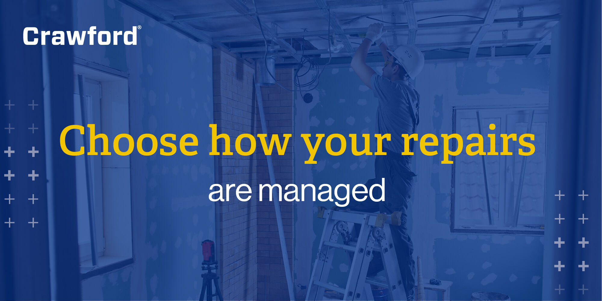 A person working on a ceiling with a ladder, surrounded by unfinished walls and construction materials, with text promoting repair management options