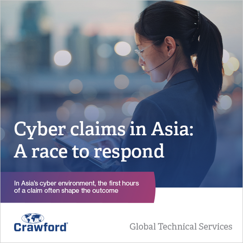 A person wearing glasses looks at a smartphone, with text about cyber claims in Asia and a company logo at the bottom