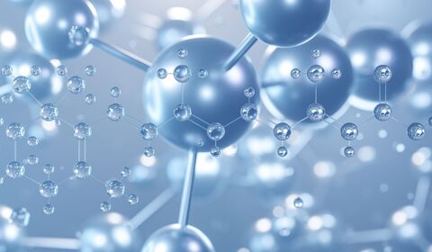 Silver 3D molecular structure on a soft blue background
