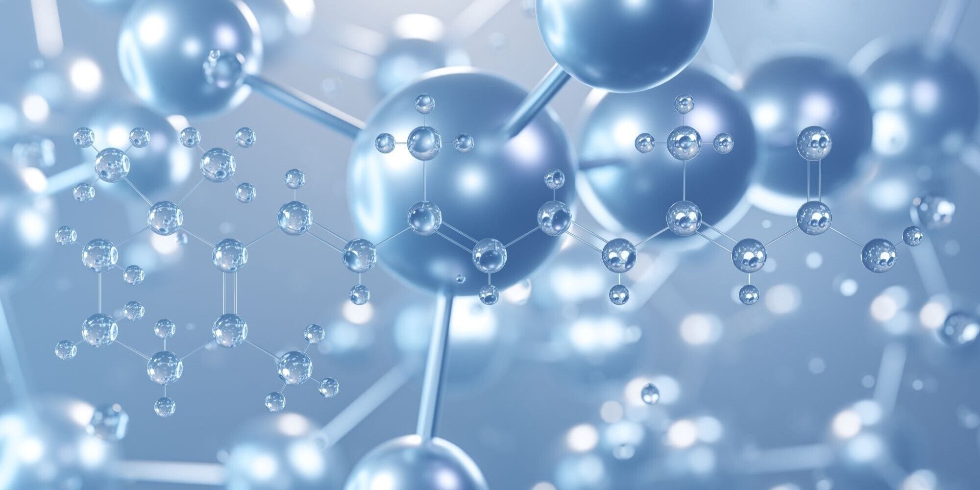 Silver 3D molecular structure on a soft blue background