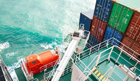 Cargo ship deck with stacked containers
