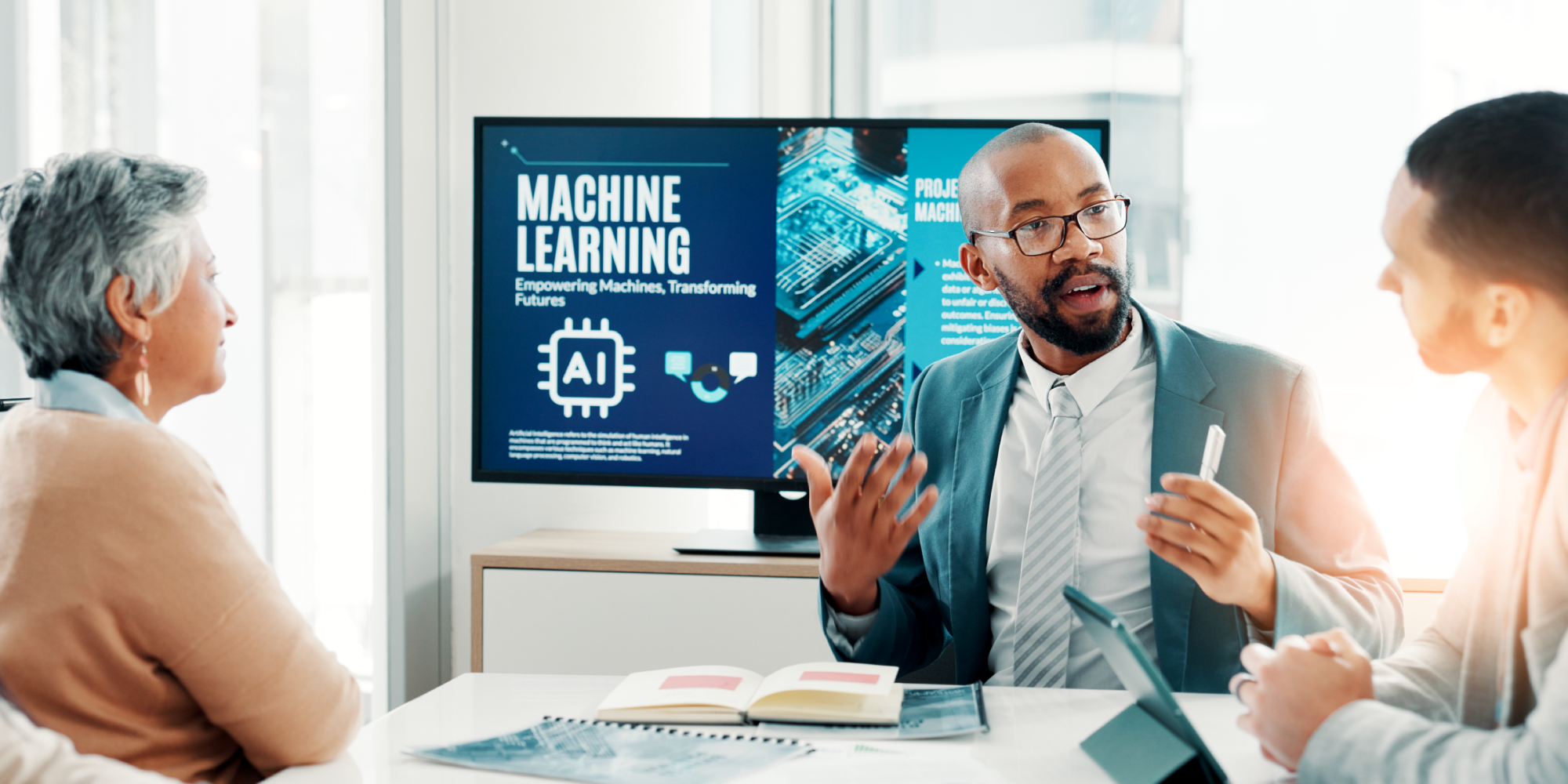 Three people seated at a table engaged in a discussion