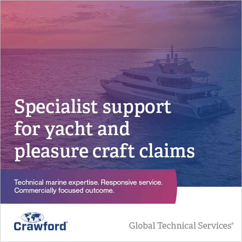 A luxury yacht on water, with a sunset backdrop, alongside text promoting specialist support for yacht and pleasure craft claims