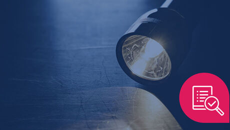 A flashlight emits light on a surface, with a pink icon featuring a document and magnifying glass in the corner