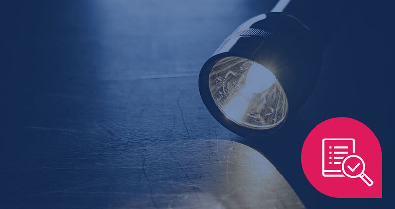 A flashlight emits light on a surface, with a pink icon featuring a document and magnifying glass in the corner