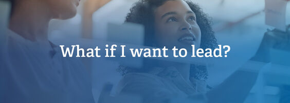 A person with curly hair looks upward while interacting with a transparent display that features the text, "What if I want to lead?