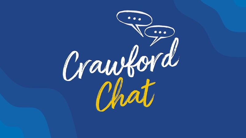 Crawford Chat text in white and yellow, with two speech bubbles, on a blue background with wavy patterns