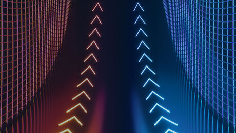 A dark, abstract space features glowing red and blue grid patterns with arrow shapes pointing upward, creating a dynamic visual effect