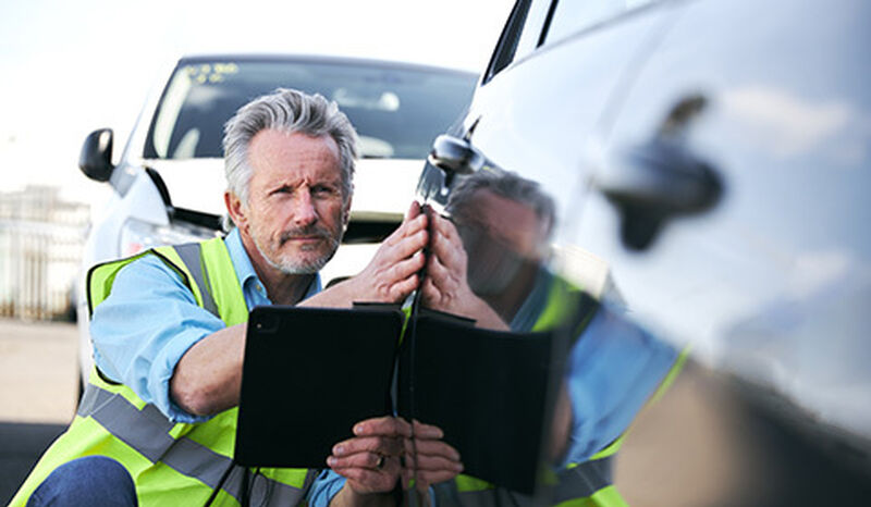 Loss adjuster inspecting damage on vehicle