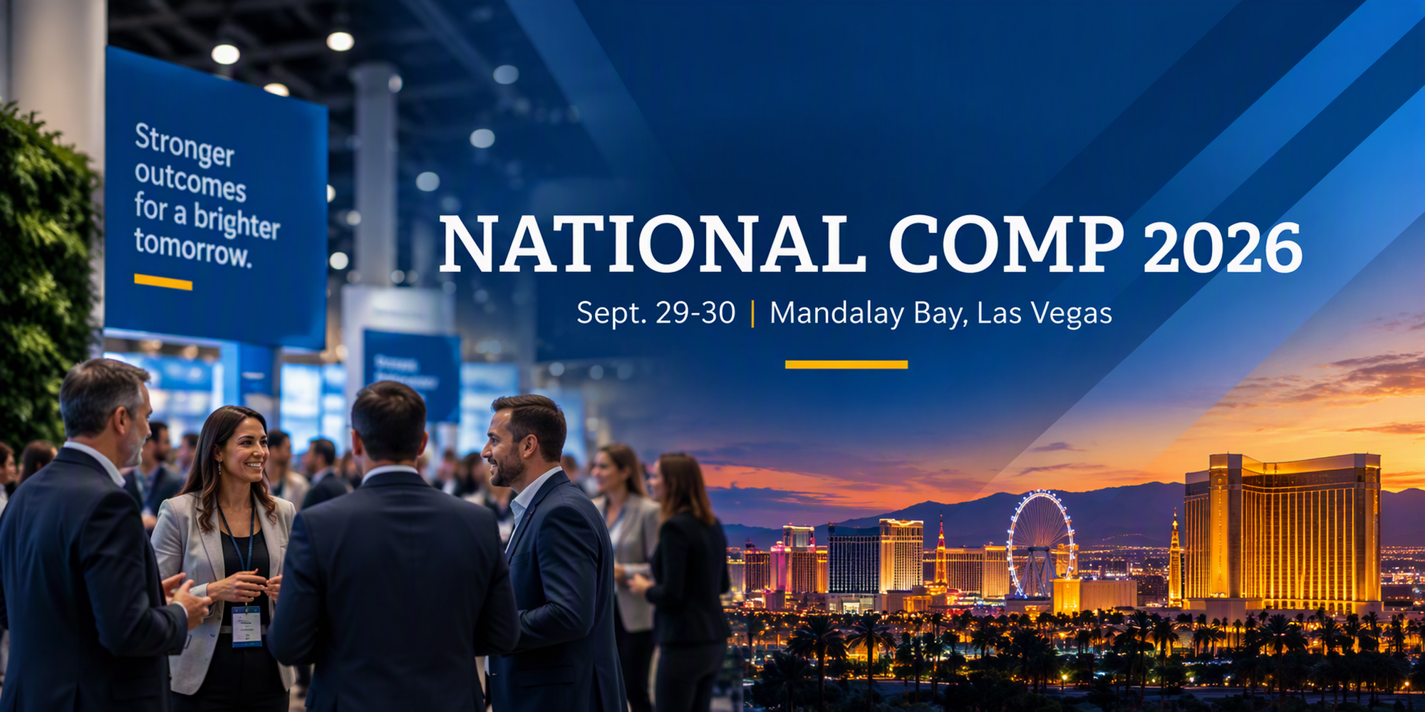 A conference scene featuring people in business attire interacting, with a city skyline at dusk and text for a future event in Las Vegas