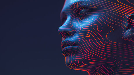 A close-up of a stylized human face with abstract, colorful lines creating a contour design, set against a dark background