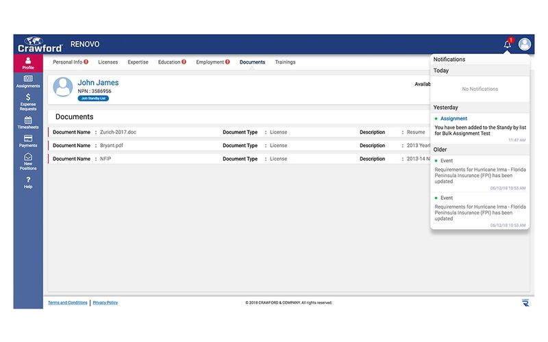 Screenshot of the Renovo catastrophe adjuster app from Crawford