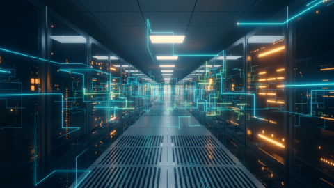 A futuristic data center corridor with illuminated server racks and glowing blue and orange digital lines